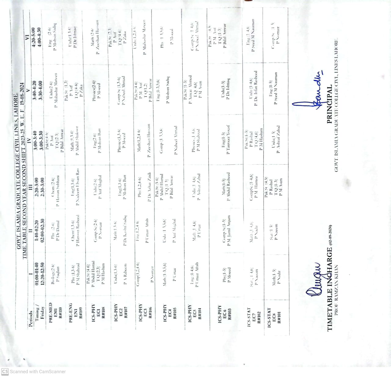   Time Table-2nd Year Second Shift W.E.F 19-08-2024.